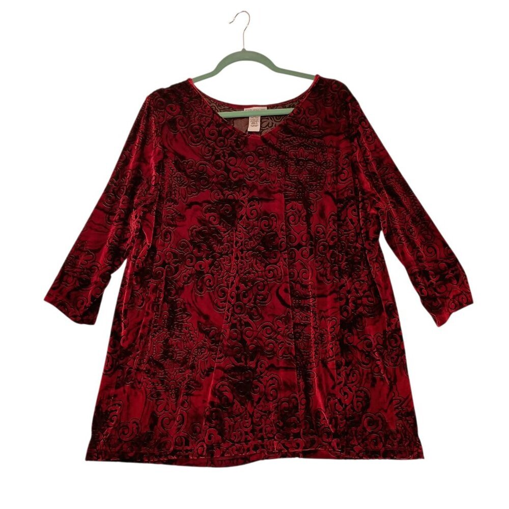 Catherines Red & Black Velvet Burnout Tunic 14/16W 3/4 Sleeve Stretch Poly Blend